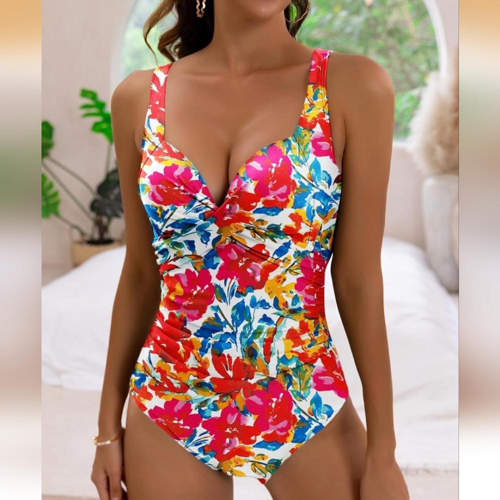 NWT Eomenie Floral One Piece Swimsuit Tummy Control Push Up Bra, Size 2XL